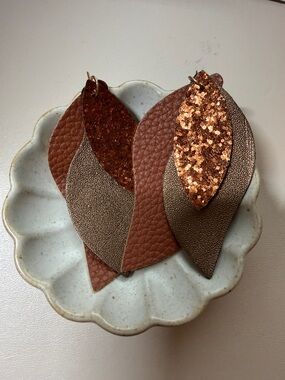 Brown and Copper Layered Leather Teardrop Earrings - Unbranded